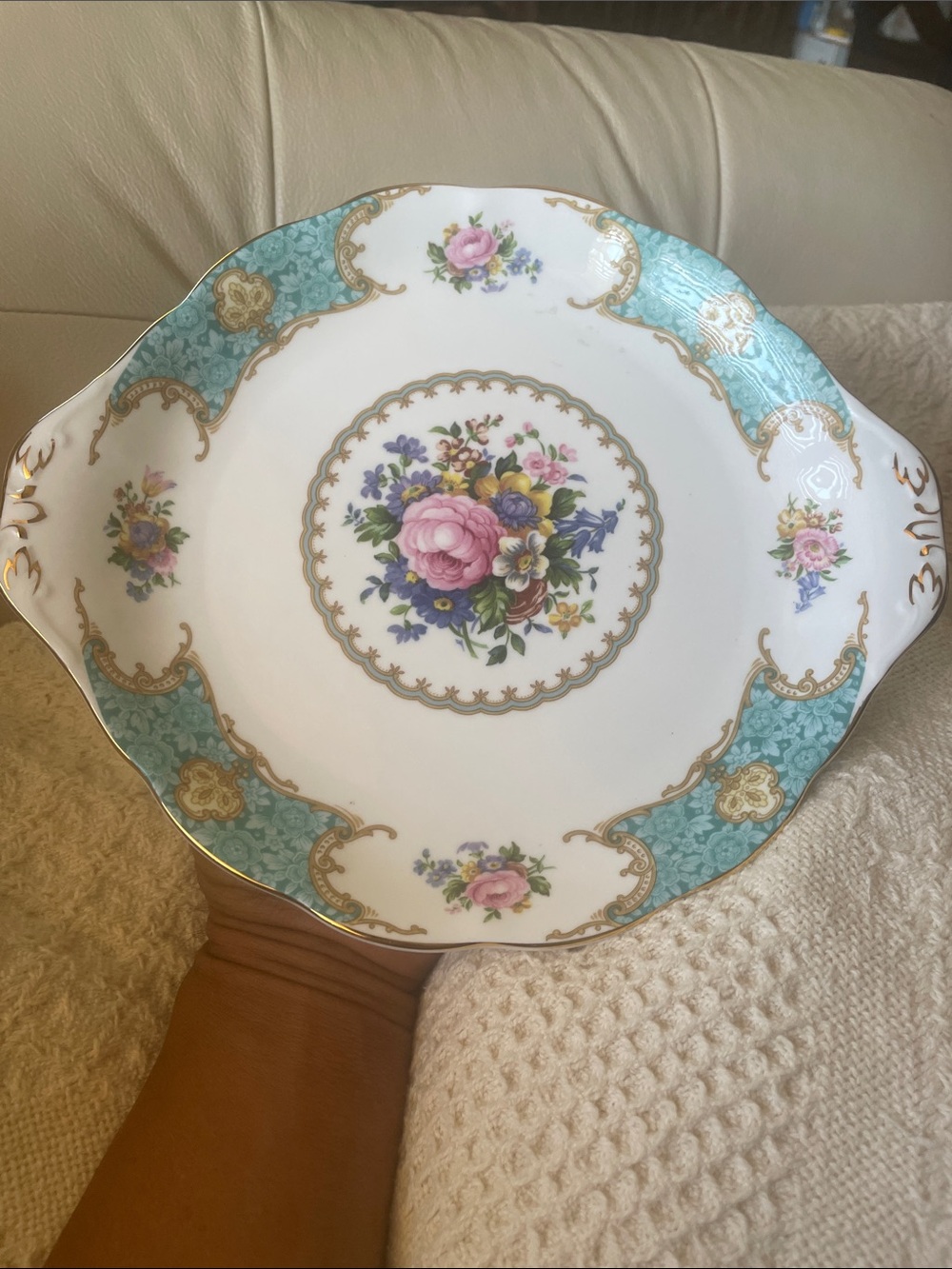 Fine Porcelain Floral Serving Plate in Teal and Pink
